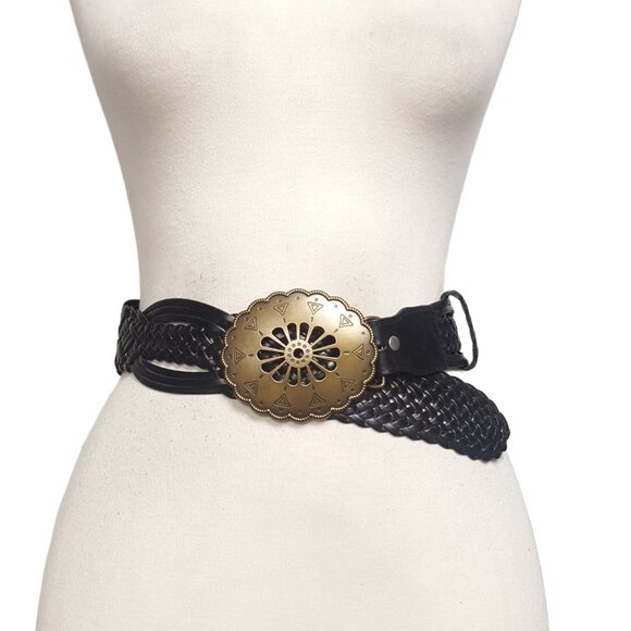 Hand Braided Leather Belt with Navajo-Style Floral Buckle